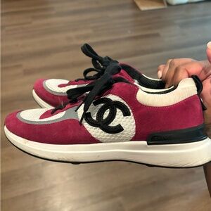 CHANEL Burgundy and White Athletic Shoes